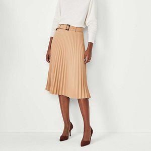 Ann Taylor Camel Belted Pleated Midi Skirt Size 00P